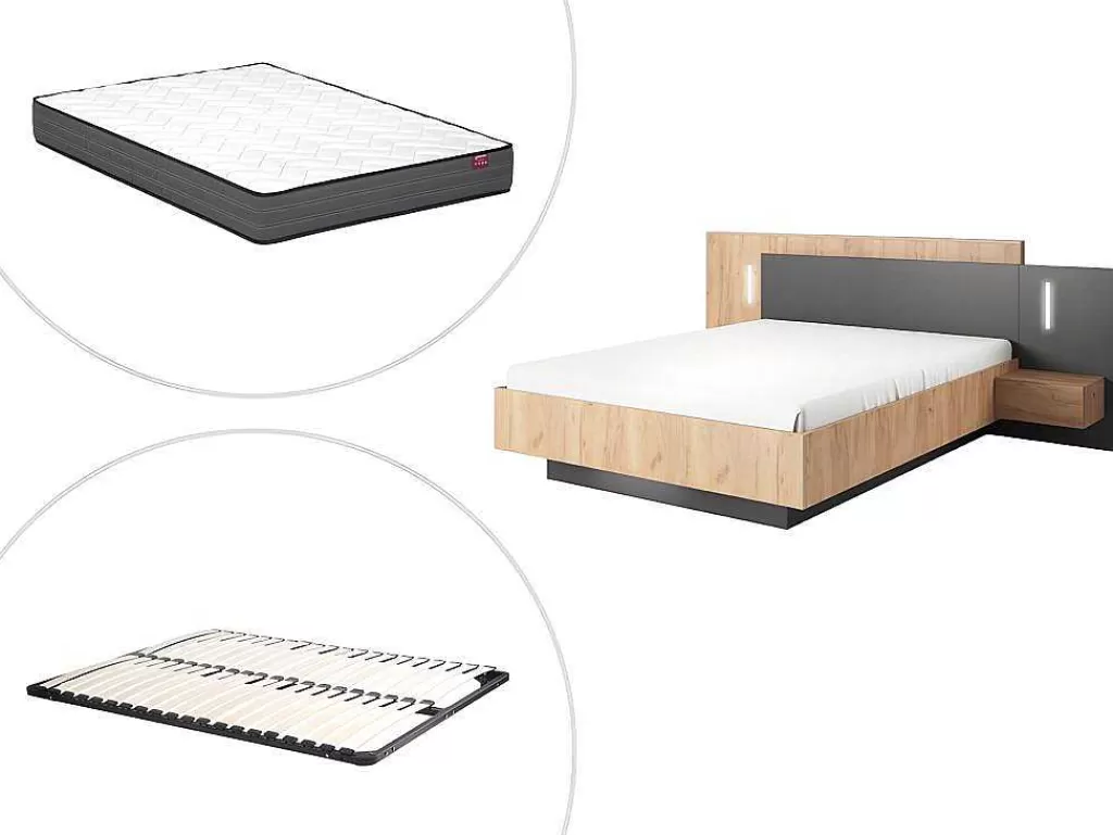 Cama De Adulto*Vente-unique Cama Com Mesas De Cabeceira 160 X 200 Cm, 2 Gavetas, Com Leds, Cor Natural E Antracite + Estrado + Colchão - Francoli