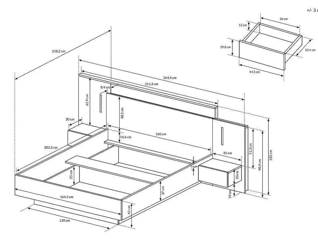 Cama De Adulto*Vente-unique Cama Com Mesas De Cabeceira 160 X 200 Cm, 2 Gavetas E Leds Cor Natural E Antracite - Francoli