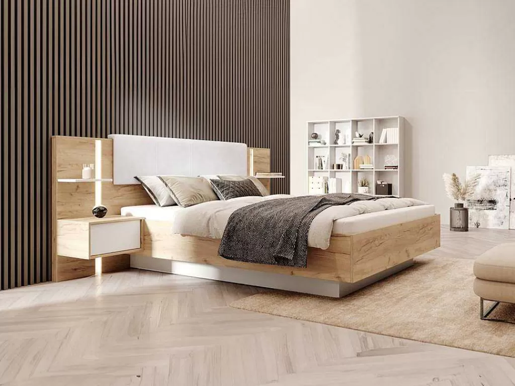 Cama Com Arrumação*Vente-unique Cama Com Mesas De Cabeceira 160X200 Cm, Com Leds, Cor Natural E Branco - Elynia