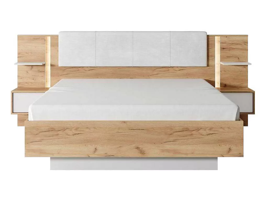 Cama Com Arrumação*Vente-unique Cama Com Mesas De Cabeceira 160X200 Cm, Com Leds, Cor Natural E Branco - Elynia
