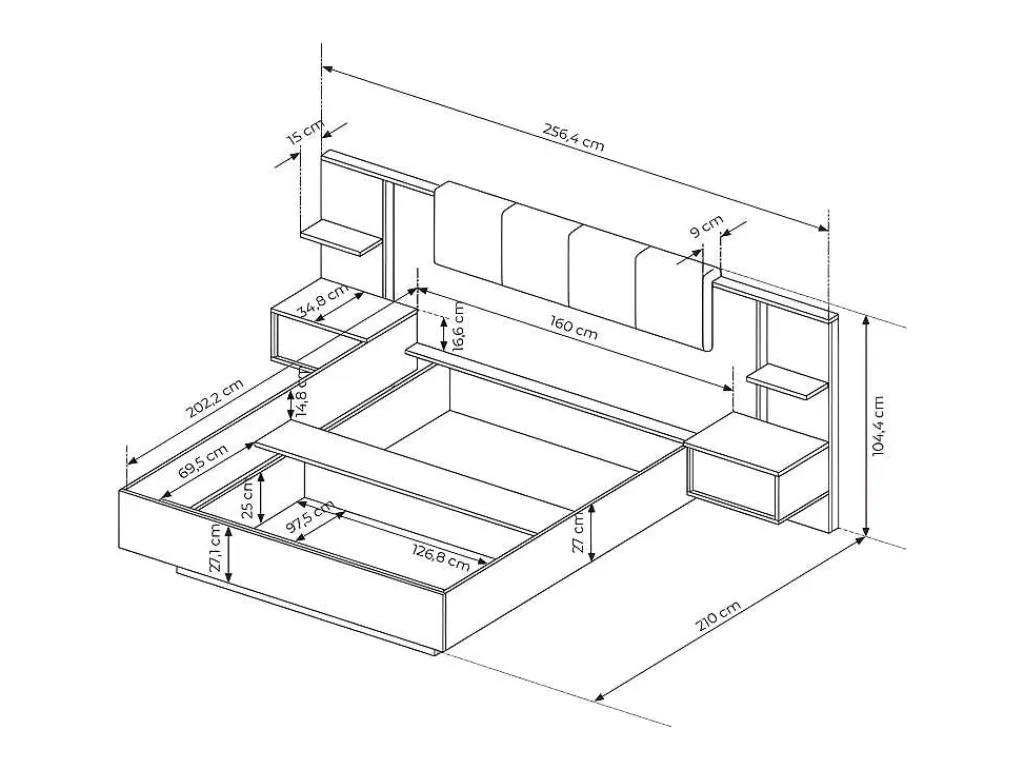 Cama Com Arrumação*Vente-unique Cama Com Mesas De Cabeceira 160X200 Cm, Com Leds, Cor Natural E Branco - Elynia