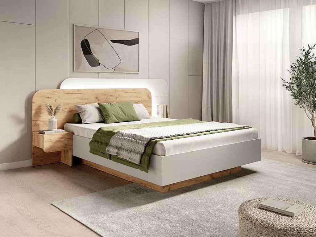 Cama De Adulto*Vente-unique Cama Com Mesas De Cabeceira 160X200 Cm, Com Leds Cor Natural E Branco + Estrado + Colchão - Desado