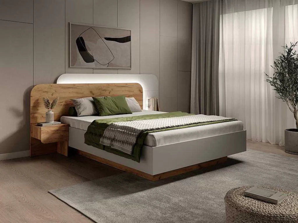 Cama De Adulto*Vente-unique Cama Com Mesas De Cabeceira 160X200 Cm, Com Leds Cor Natural E Branco + Estrado + Colchão - Desado
