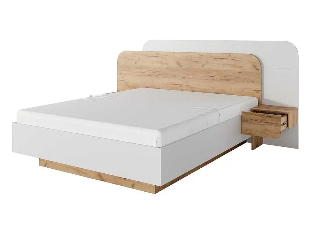 Cama De Adulto*Vente-unique Cama Com Mesas De Cabeceira 160X200 Cm, Com Leds Cor Natural E Branco + Estrado + Colchão - Desado