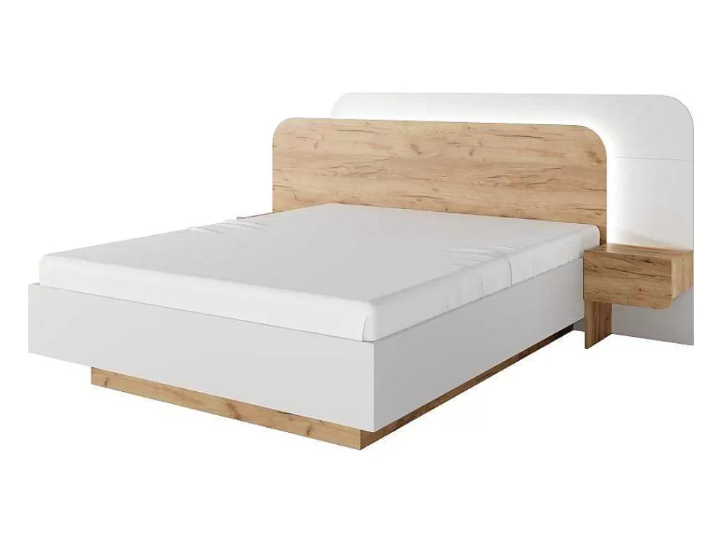 Cama De Adulto*Vente-unique Cama Com Mesas De Cabeceira 160X200 Cm, Com Leds Cor Natural E Branco + Estrado + Colchão - Desado