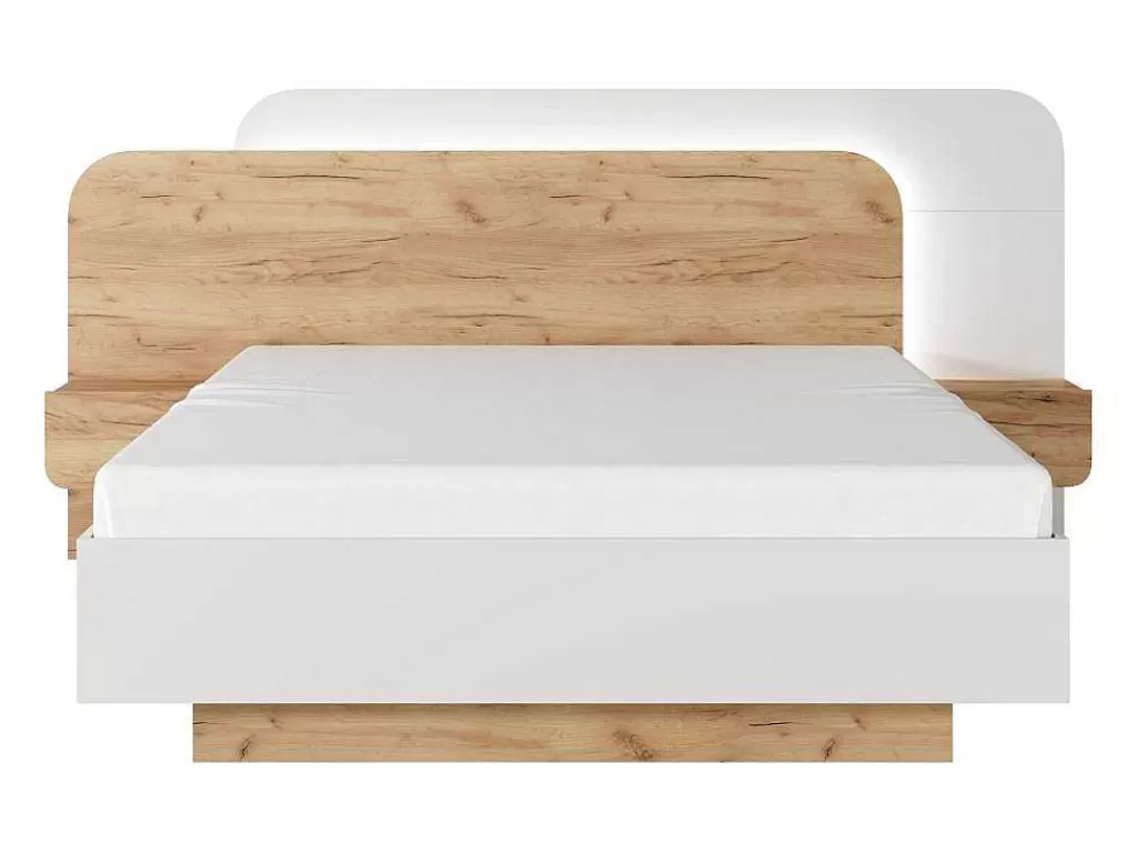 Cama De Adulto*Vente-unique Cama Com Mesas De Cabeceira 160X200 Cm, Com Leds Cor Natural E Branco + Estrado + Colchão - Desado