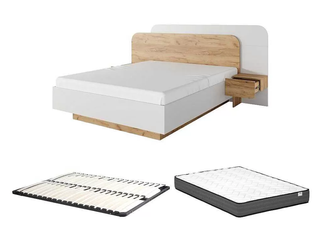 Cama De Adulto*Vente-unique Cama Com Mesas De Cabeceira 160X200 Cm, Com Leds Cor Natural E Branco + Estrado + Colchão - Desado