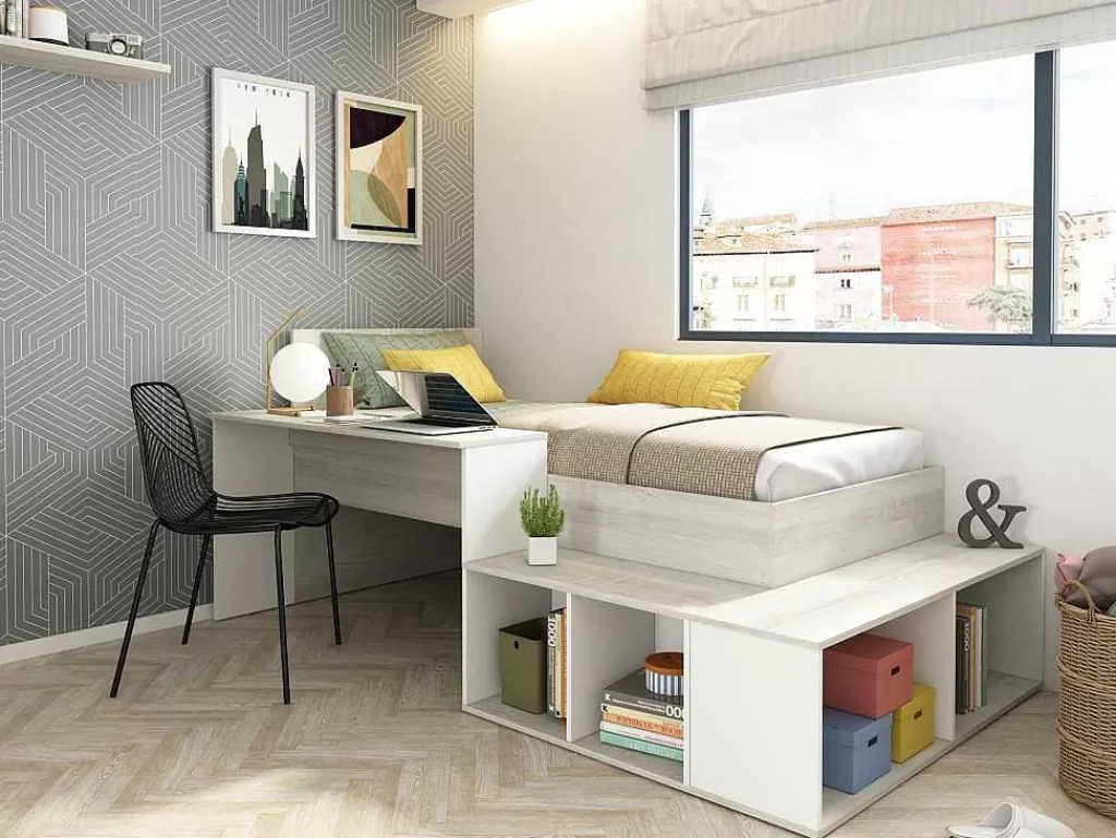 Cama De Criança*Vente-unique Cama Combinada 90X200 Cm Com Espacos De Arrumação E Secretária Cor Atural Cinza E Branco - Rigali