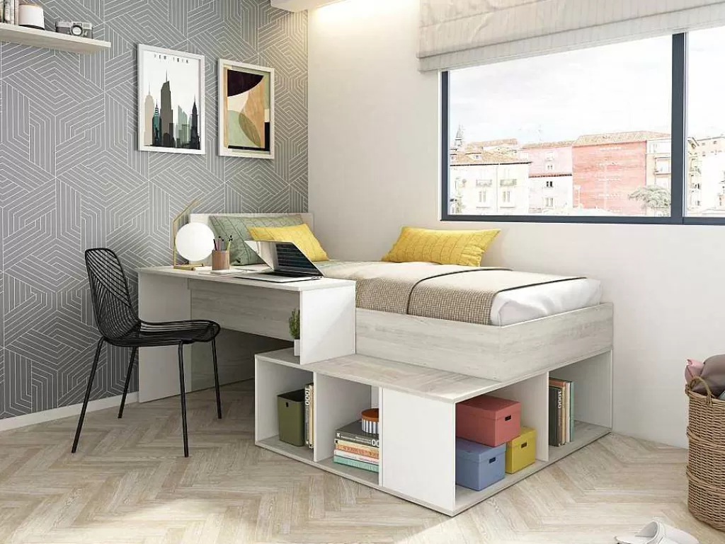 Cama De Criança*Vente-unique Cama Combinada 90X200 Cm Com Espacos De Arrumação E Secretária Cor Atural Cinza E Branco - Rigali