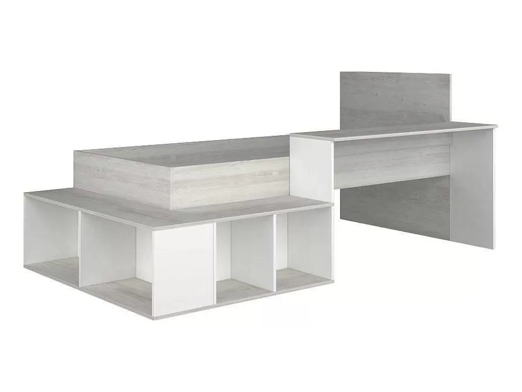 Cama De Criança*Vente-unique Cama Combinada 90X200 Cm Com Espacos De Arrumação E Secretária Cor Atural Cinza E Branco - Rigali