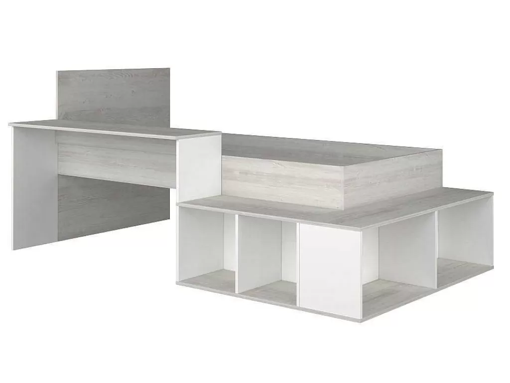 Cama De Criança*Vente-unique Cama Combinada 90X200 Cm Com Espacos De Arrumação E Secretária Cor Atural Cinza E Branco - Rigali