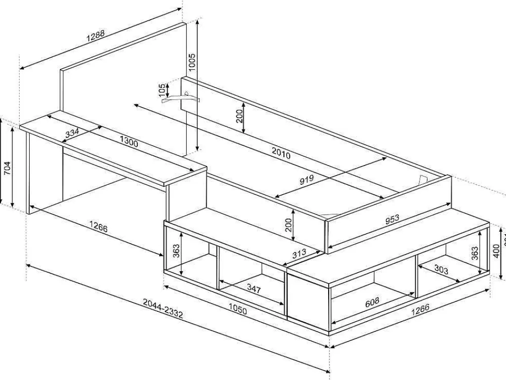 Cama De Criança*Vente-unique Cama Combinada 90X200 Cm Com Espacos De Arrumação E Secretária Cor Atural Cinza E Branco - Rigali