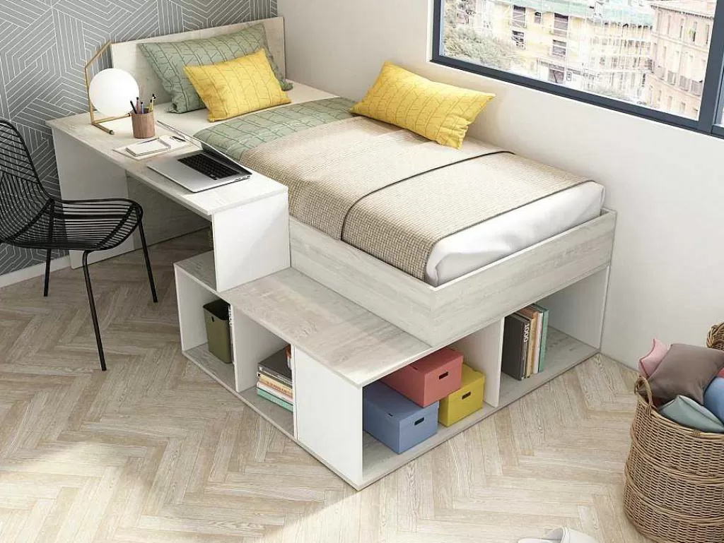 Cama De Criança*Vente-unique Cama Combinada 90X200 Cm Com Espacos De Arrumação E Secretária Cor Atural Cinza E Branco - Rigali