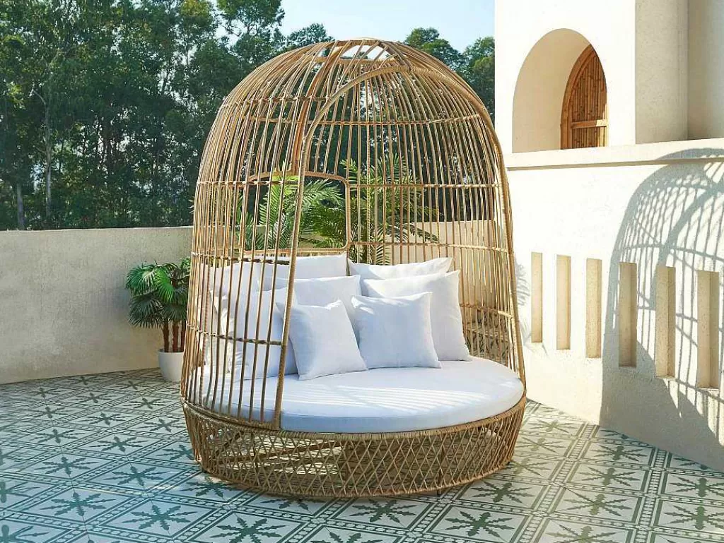 Espreguiçadeira*MYLIA Cama De Jardim Com Dossel Em Resina Entrancada Natural Clara Com Almofada Branca - Cervaro De