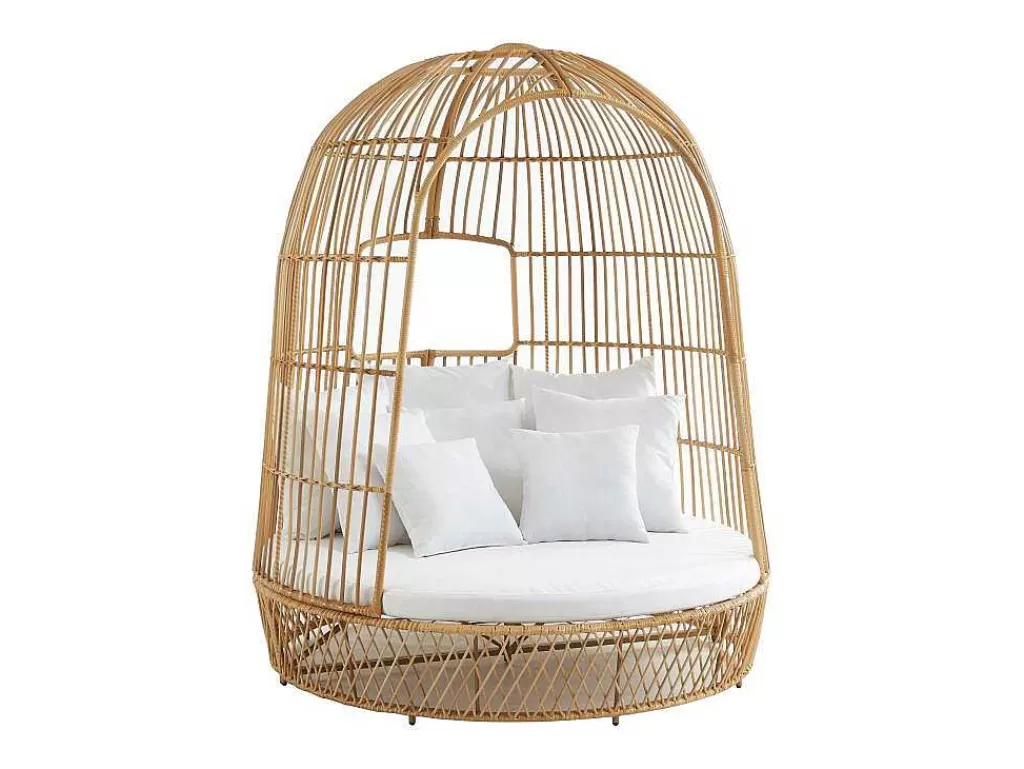 Espreguiçadeira*MYLIA Cama De Jardim Com Dossel Em Resina Entrancada Natural Clara Com Almofada Branca - Cervaro De