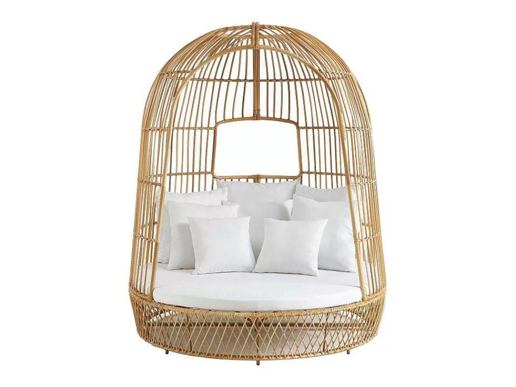 Espreguiçadeira*MYLIA Cama De Jardim Com Dossel Em Resina Entrancada Natural Clara Com Almofada Branca - Cervaro De