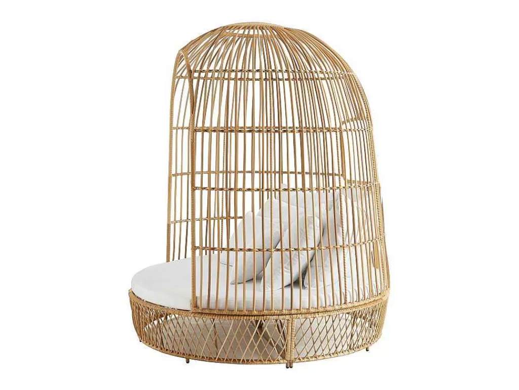 Espreguiçadeira*MYLIA Cama De Jardim Com Dossel Em Resina Entrancada Natural Clara Com Almofada Branca - Cervaro De