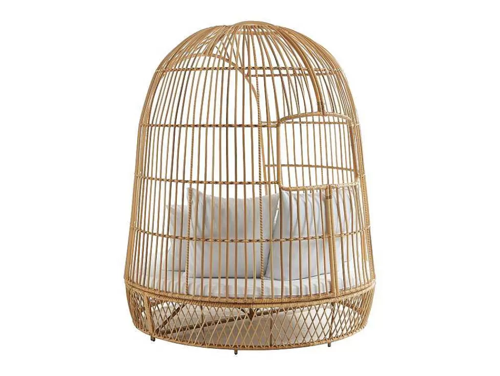 Espreguiçadeira*MYLIA Cama De Jardim Com Dossel Em Resina Entrancada Natural Clara Com Almofada Branca - Cervaro De