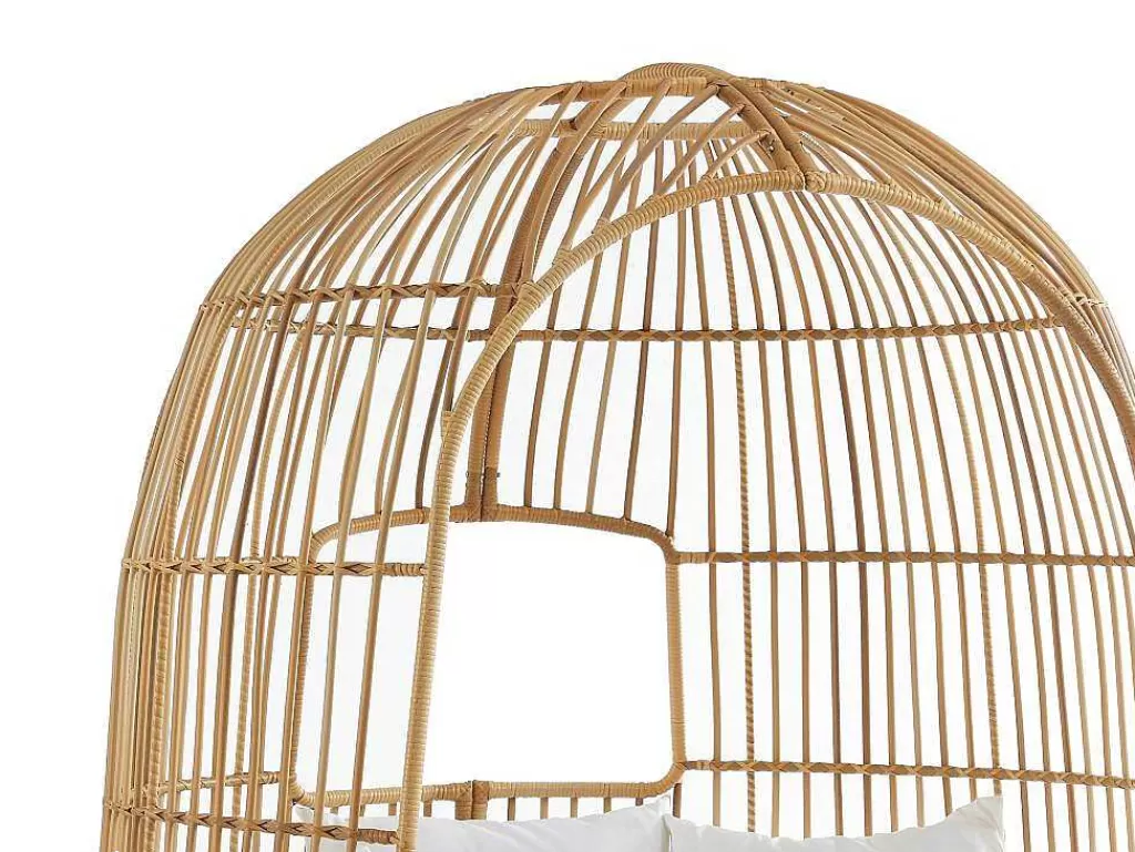 Espreguiçadeira*MYLIA Cama De Jardim Com Dossel Em Resina Entrancada Natural Clara Com Almofada Branca - Cervaro De