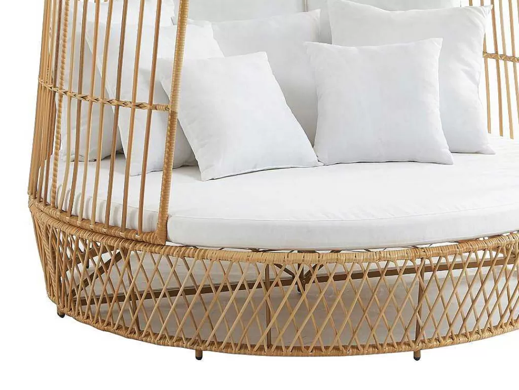 Espreguiçadeira*MYLIA Cama De Jardim Com Dossel Em Resina Entrancada Natural Clara Com Almofada Branca - Cervaro De