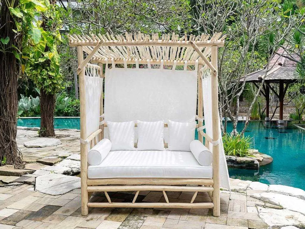 Espreguiçadeira*MYLIA Cama De Jardim Com Dossel Em Teca Cor Natural Claro E Branco - Tulum