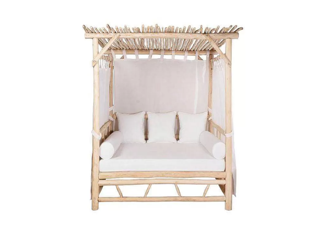 Espreguiçadeira*MYLIA Cama De Jardim Com Dossel Em Teca Cor Natural Claro E Branco - Tulum