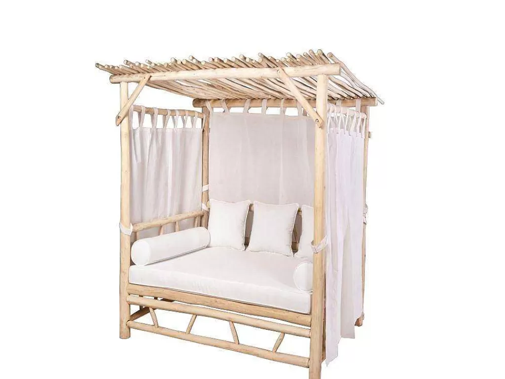 Espreguiçadeira*MYLIA Cama De Jardim Com Dossel Em Teca Cor Natural Claro E Branco - Tulum