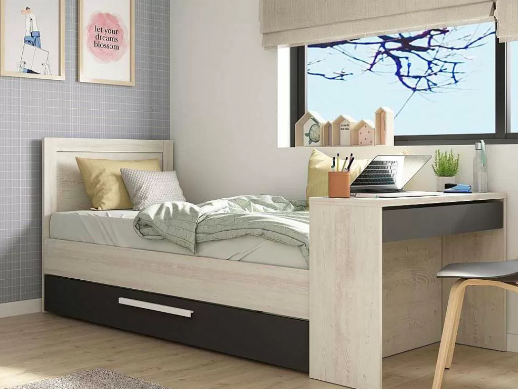 Cama Dupla*Vente-unique Cama Dupla 2X90X200 Cm, Com Secretária Cor Natural E Antracite + Sommier - Vouani