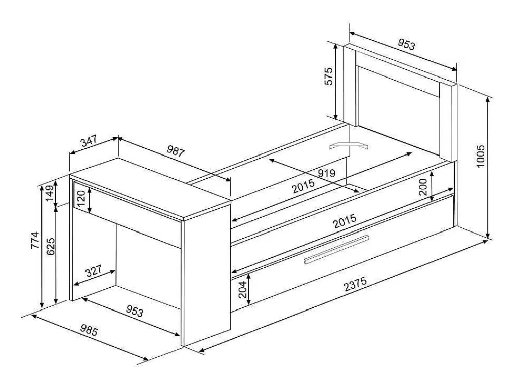 Cama Dupla*Vente-unique Cama Dupla 2X90X200 Cm, Com Secretária Cor Natural E Antracite + Sommier - Vouani
