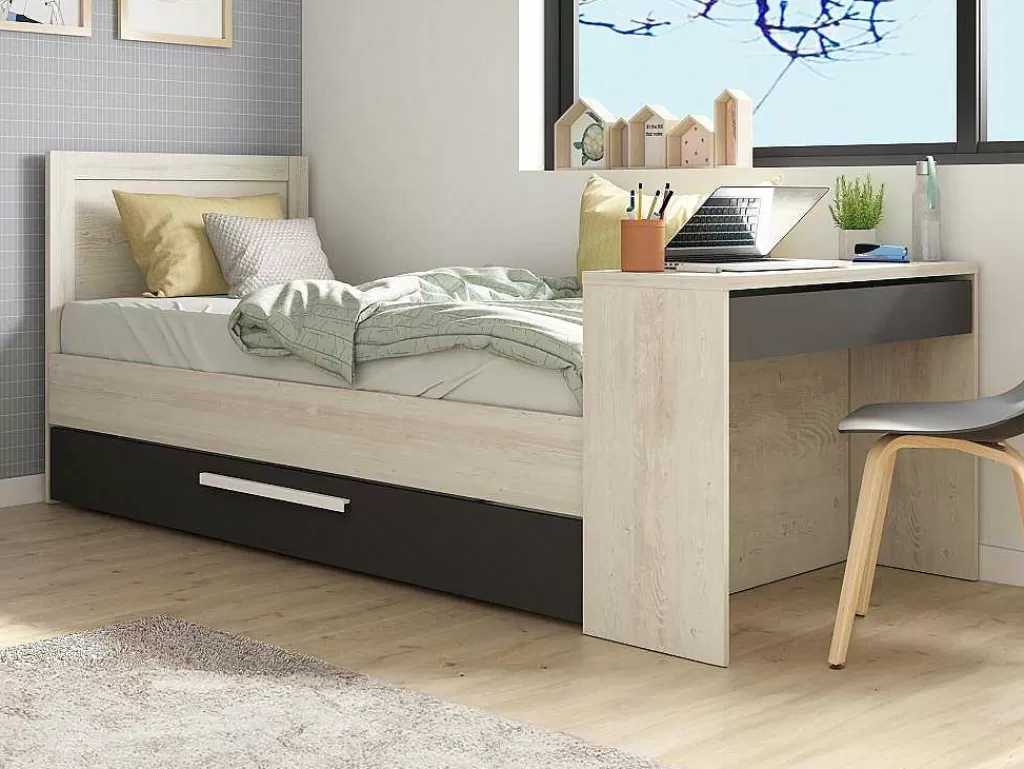Cama Dupla*Vente-unique Cama Dupla 2X90X200 Cm, Com Secretária Cor Natural E Antracite + Sommier - Vouani
