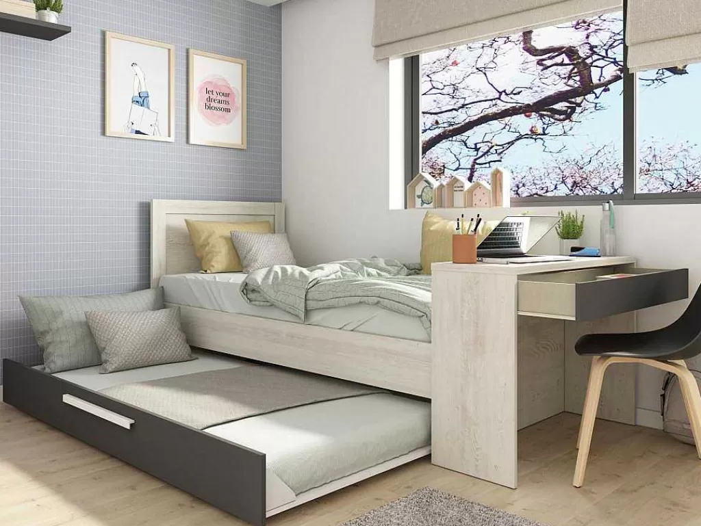 Cama Dupla*Vente-unique Cama Dupla 2X90X200 Cm, Com Secretária Cor Natural E Antracite + Sommier - Vouani