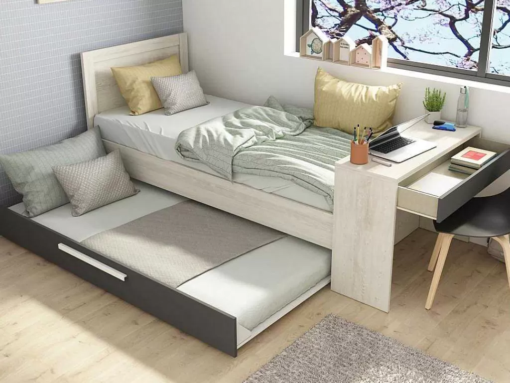 Cama Dupla*Vente-unique Cama Dupla 2X90X200 Cm, Com Secretária Cor Natural E Antracite + Sommier - Vouani