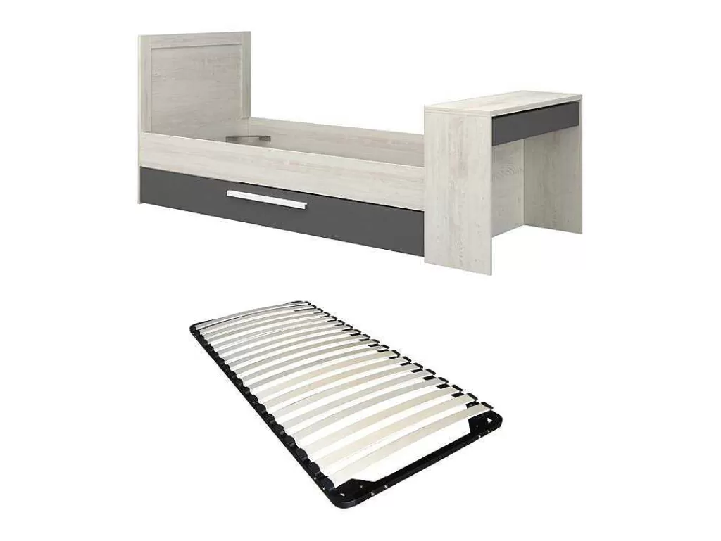 Cama Dupla*Vente-unique Cama Dupla 2X90X200 Cm, Com Secretária Cor Natural E Antracite + Sommier - Vouani