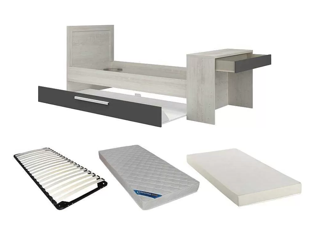 Cama Dupla*Vente-unique Cama Dupla 90X200 E 90X190 Cm, Com Secretária Cor Natural E Antracite + Colchão + Sommier - Vouani