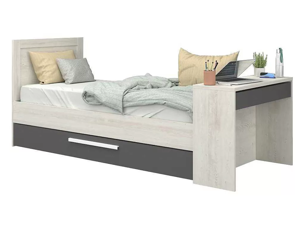 Cama Dupla*Vente-unique Cama Dupla 90X200 E 90X190 Cm, Com Secretária Cor Natural E Antracite + Colchão + Sommier - Vouani