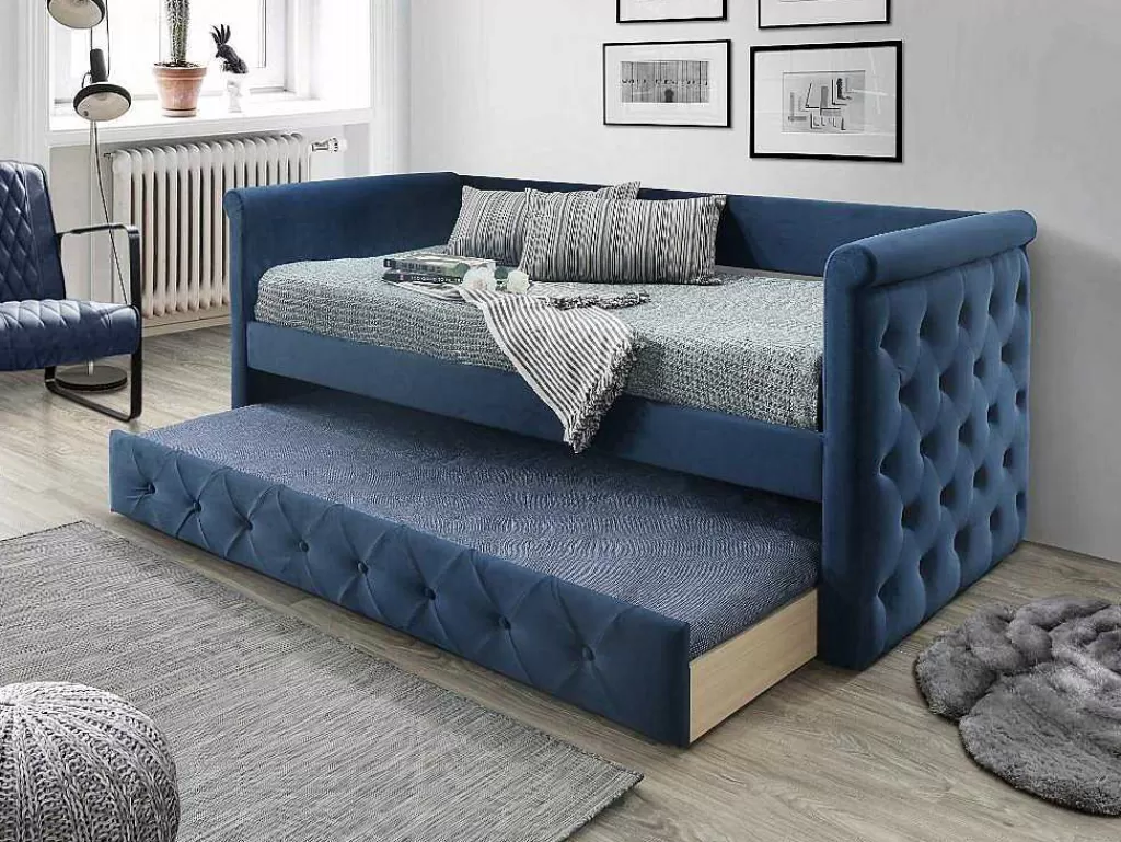 Cama Dupla*Vente-unique Cama Dupla Banco De 2X90X190 Cm Em Tecido Azul + Colchão - Louise