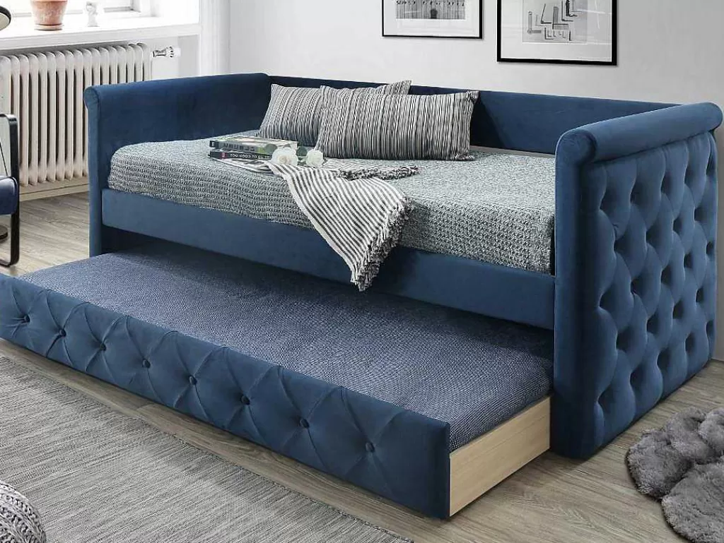 Cama Dupla*Vente-unique Cama Dupla Banco De 2X90X190 Cm Em Tecido Azul + Colchão - Louise