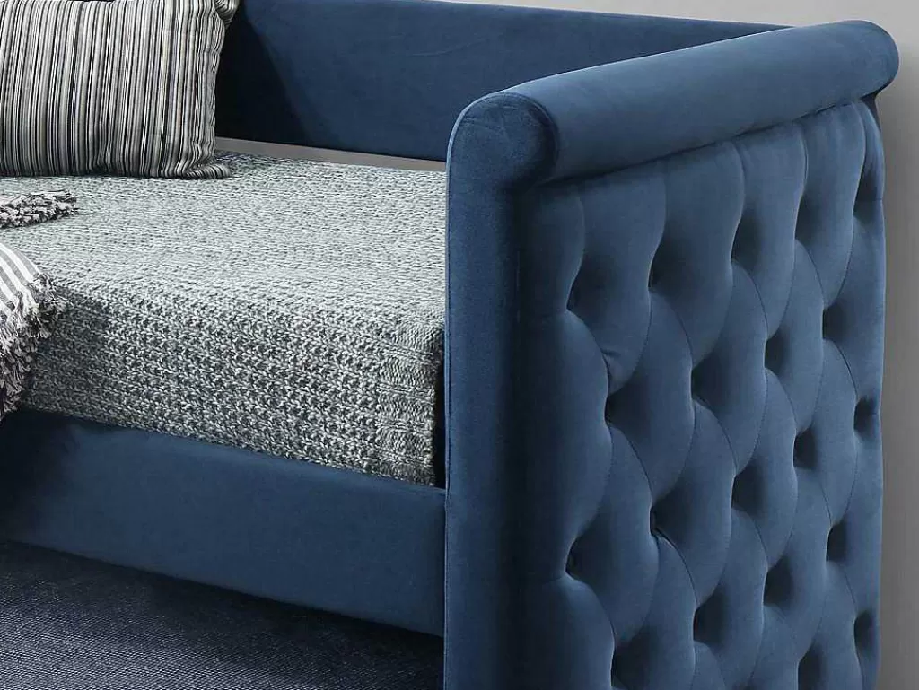 Cama Dupla*Vente-unique Cama Dupla Banco De 2X90X190 Cm Em Tecido Azul + Colchão - Louise