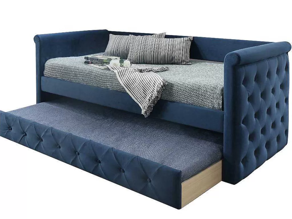 Cama Dupla*Vente-unique Cama Dupla Banco De 2X90X190 Cm Em Tecido Azul + Colchão - Louise