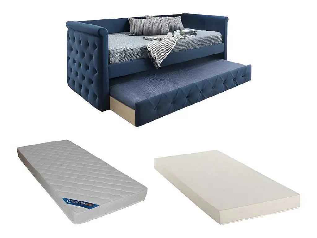 Cama Dupla*Vente-unique Cama Dupla Banco De 2X90X190 Cm Em Tecido Azul + Colchão - Louise