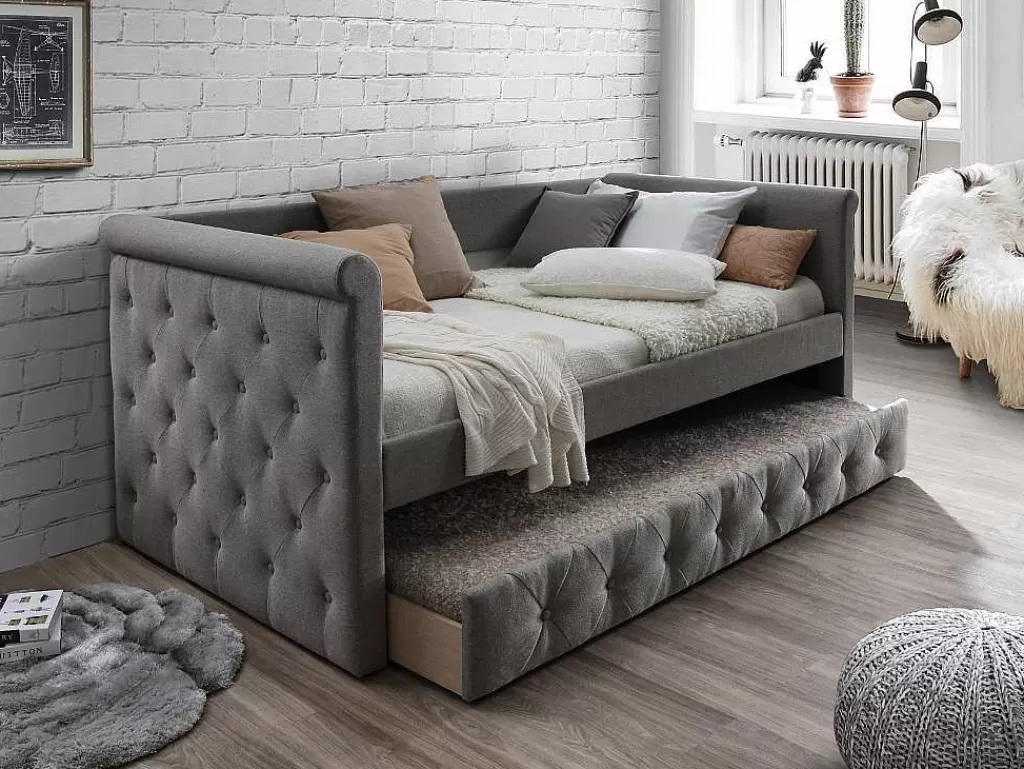 Cama Dupla*Vente-unique Cama Dupla Banco De 2X90X190 Cm Em Tecido Cinza + Colchão - Louise