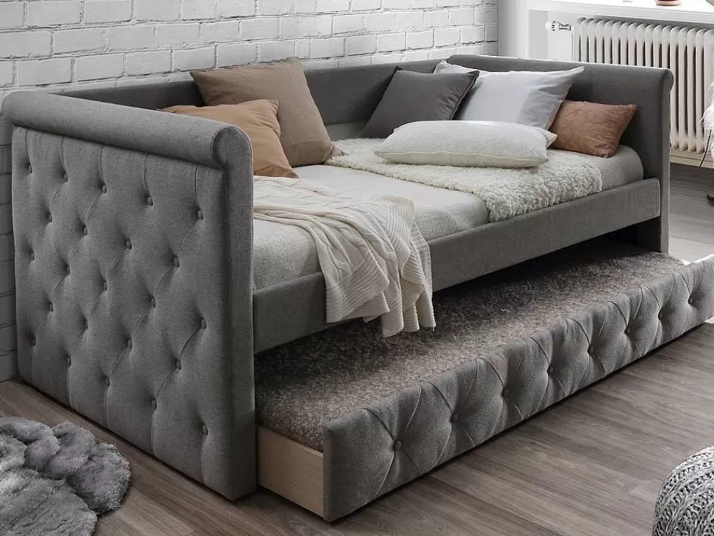 Cama Dupla*Vente-unique Cama Dupla Banco De 2X90X190 Cm Em Tecido Cinza + Colchão - Louise