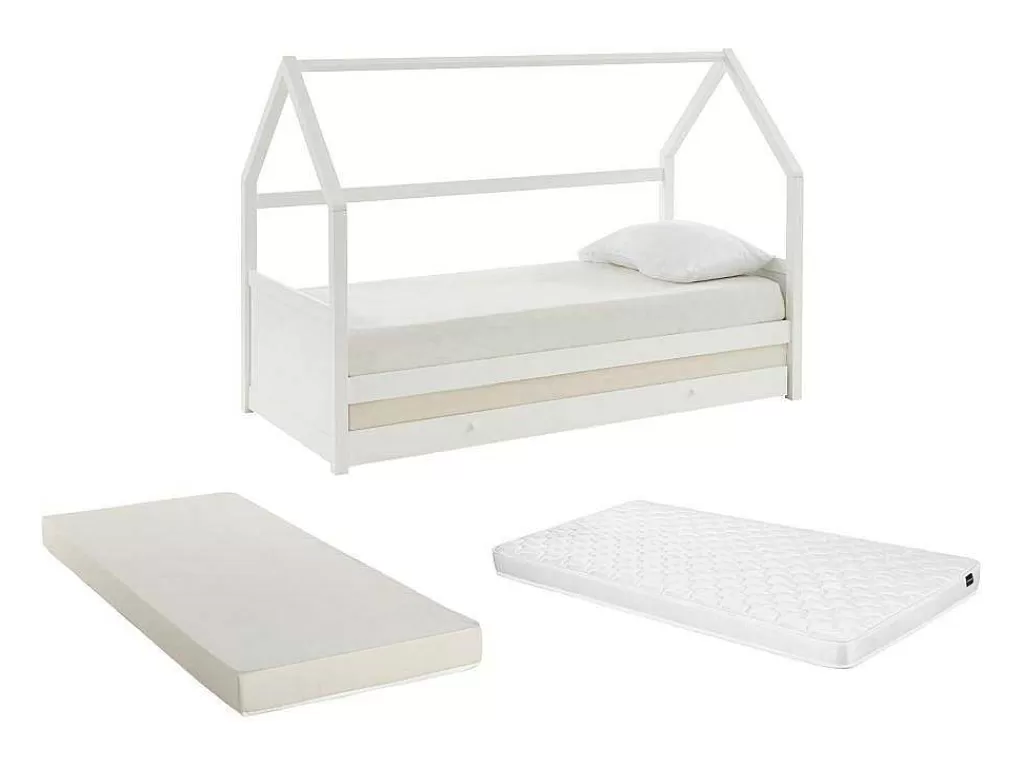 Cama Dupla*Vente-unique Cama Dupla Cabana De 2 X 90 X 190 Cm Em Pinho Cor Branco + Colchão - Hurra