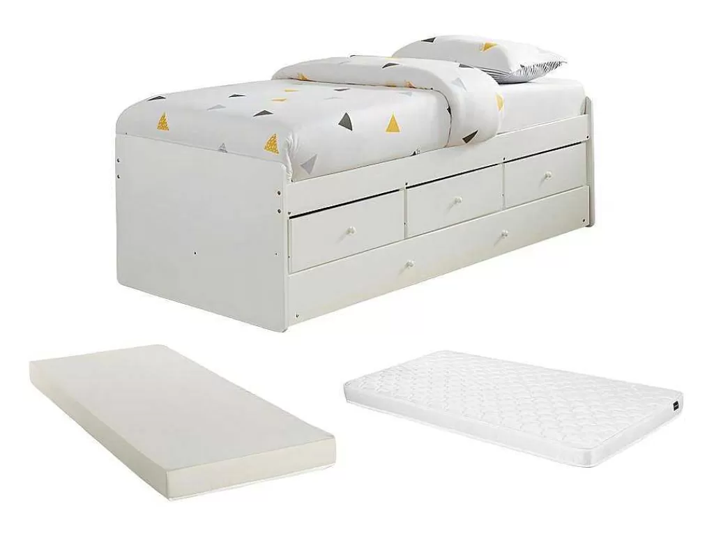 Cama Dupla*Vente-unique Cama Dupla Com 3 Gavetas De 90 X 190 Cm Em Mdf E Pinho Cor Branco + Colchão - Titouan