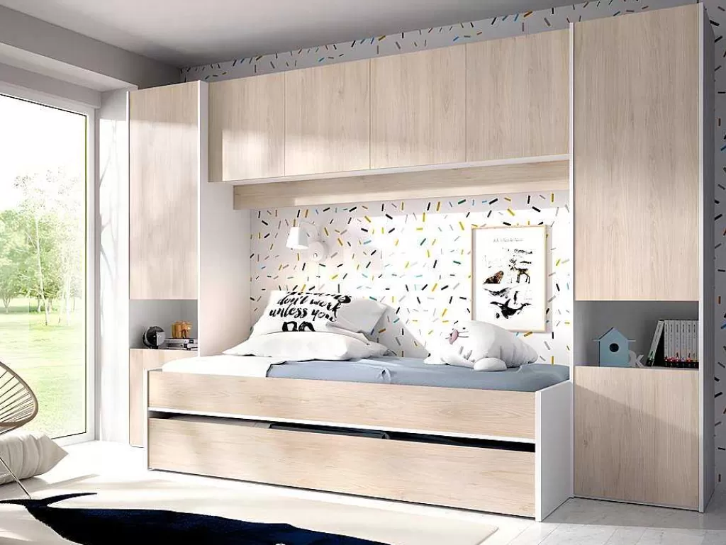 Cama De Criança*Vente-unique Cama Dupla Com Móvel De Cama De 90 X 190 Cm Cor Carvalho E Branco - Selena
