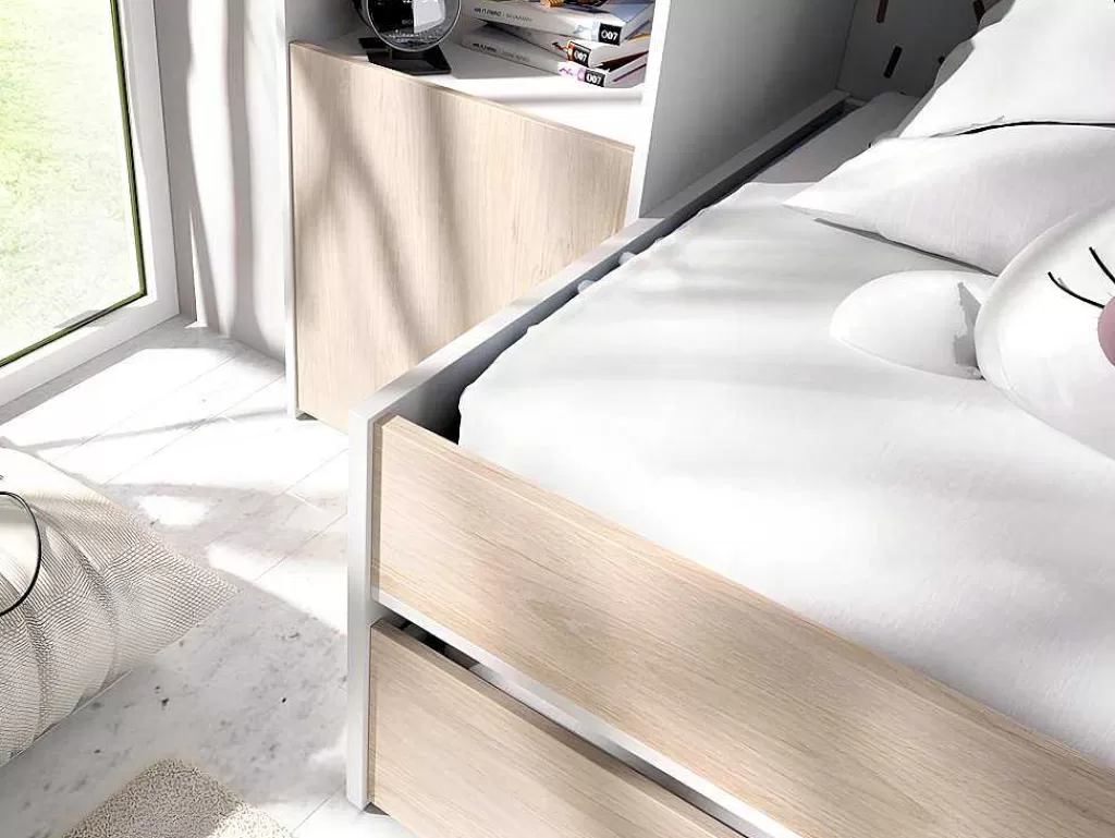 Cama De Criança*Vente-unique Cama Dupla Com Móvel De Cama De 90 X 190 Cm Cor Carvalho E Branco - Selena