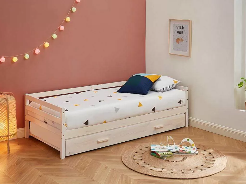 Cama Dupla*Vente-unique Cama Dupla De 2 X 90 X 190 Cm Em Pinho Macico E Mdf Cor Esbranquicada + Colchão - Aedan Ii