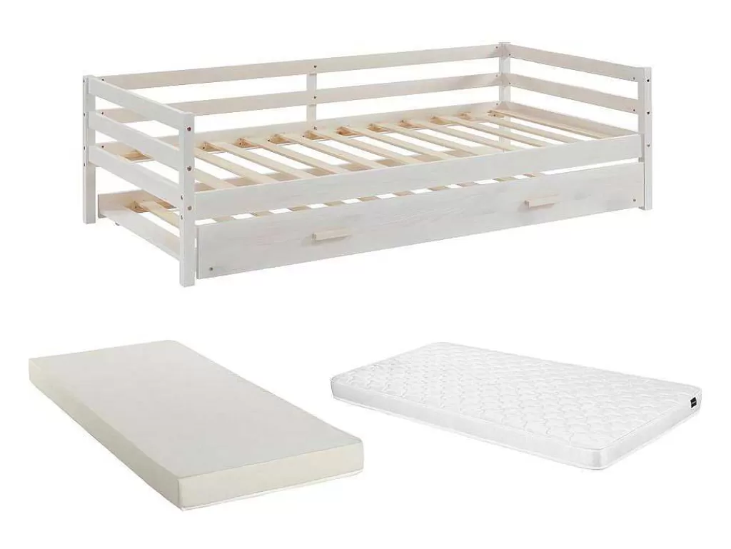 Cama Dupla*Vente-unique Cama Dupla De 2 X 90 X 190 Cm Em Pinho Macico E Mdf Cor Esbranquicada + Colchão - Aedan Ii