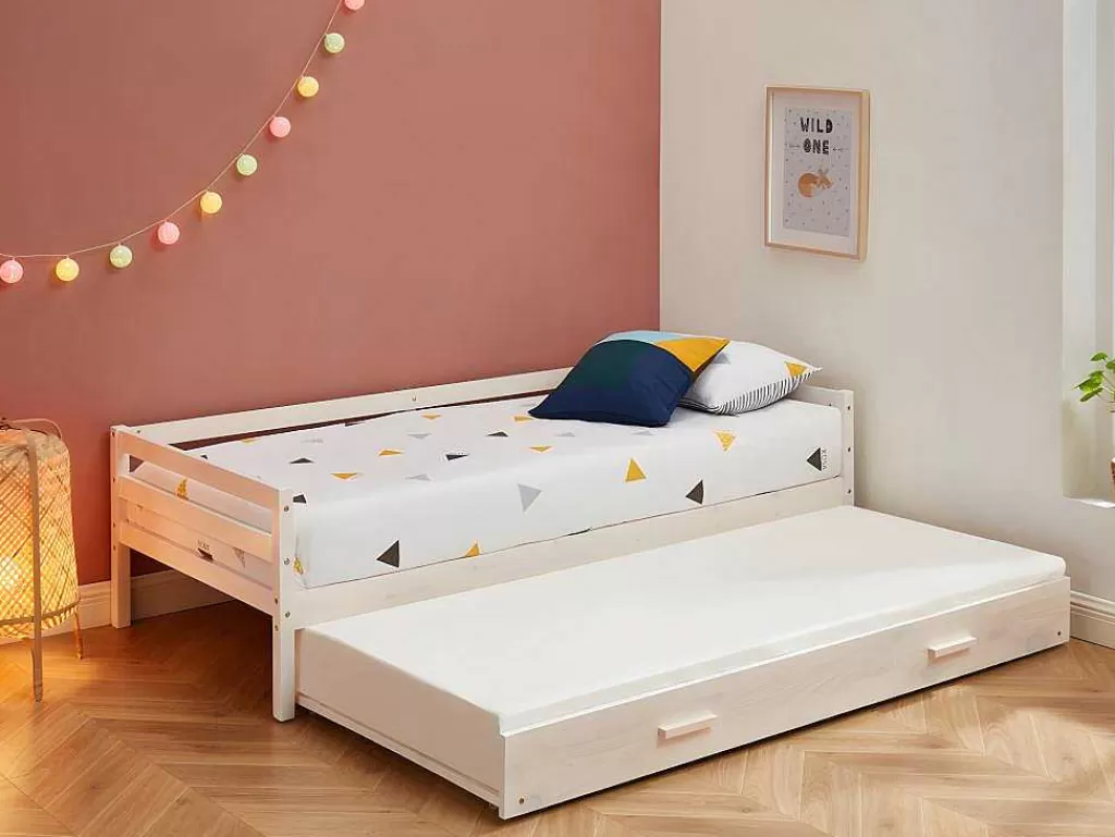 Cama Dupla*Vente-unique Cama Dupla De 2 X 90 X 190 Cm Em Pinho Macico E Mdf Cor Esbranquicada + Colchão - Aedan Ii