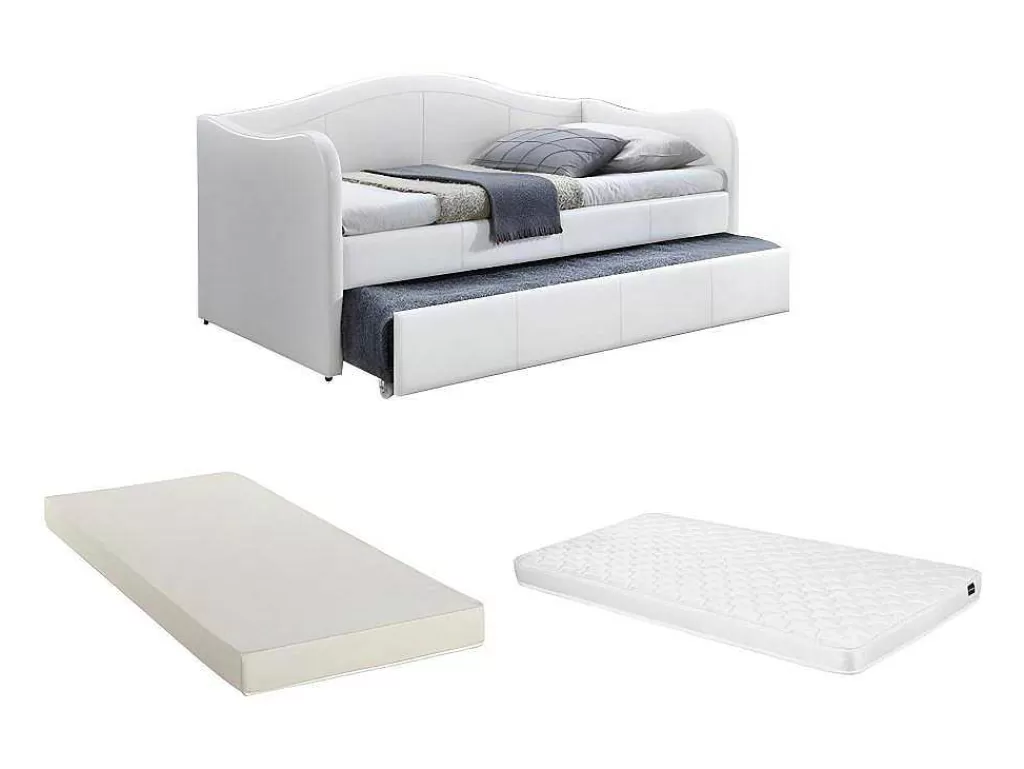 Cama Dupla*Vente-unique Cama Dupla Diva 2X90X190 Cm Em Pele Sintética Branco + Colchões - Mathilde